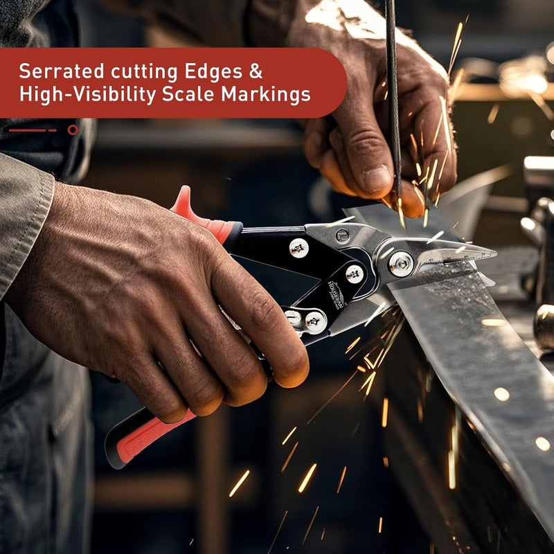 HOUSERAN 10 Inch Aviation Snips, Left Cut Offset Tin Snip, Heavy Duty CR-MO Tin Cutters with Double Lever, Scale Markings & Safety Lock, Sheet Metal Snips, Shears Scissors for Cutting Metal Sheet - Image 4